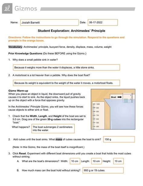 Archimedes Principle Gizmo Answer Key Doc