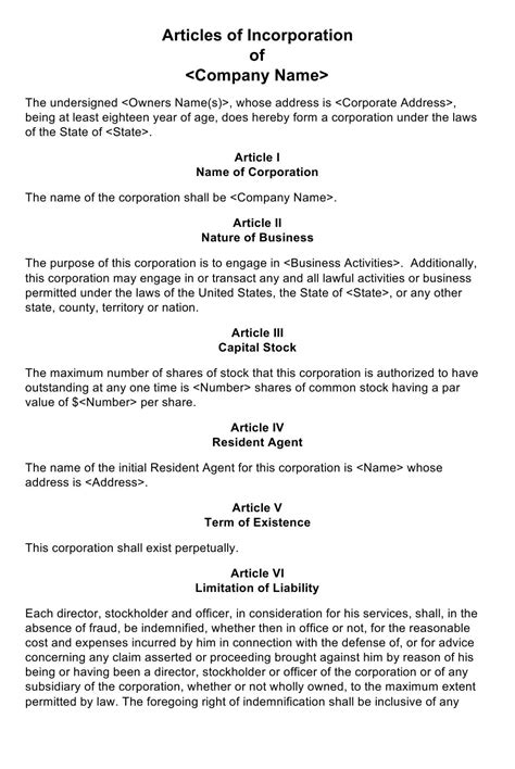 Article Of Organization Template