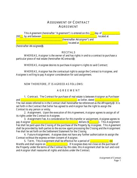 Assignment Of Contract Template