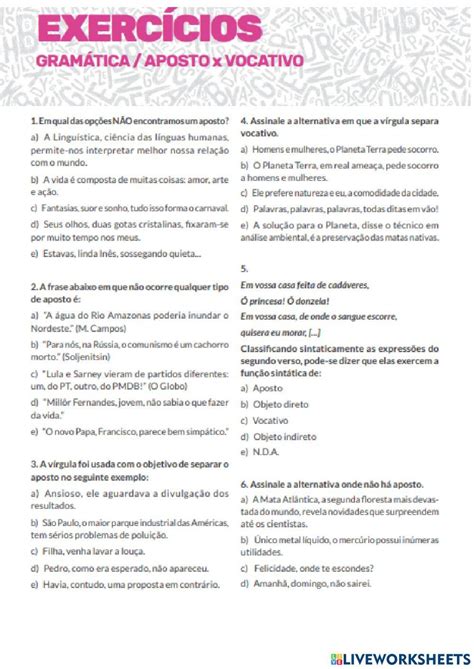 Atividades sobre Aposto e Vocativo: Aprimore sua Linguagem Escrita