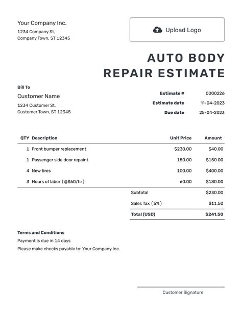 Auto Body Estimate Template