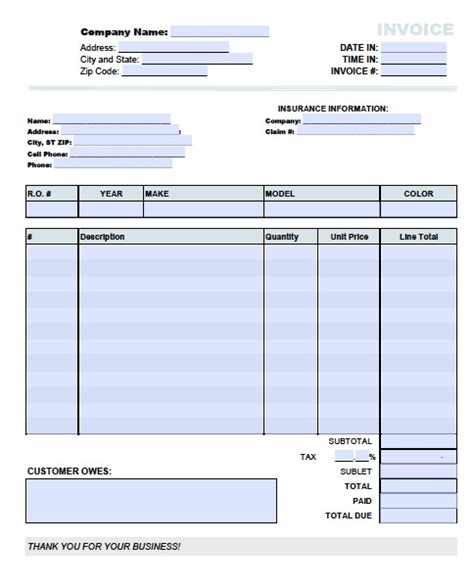 Auto Body Shop Invoice Template