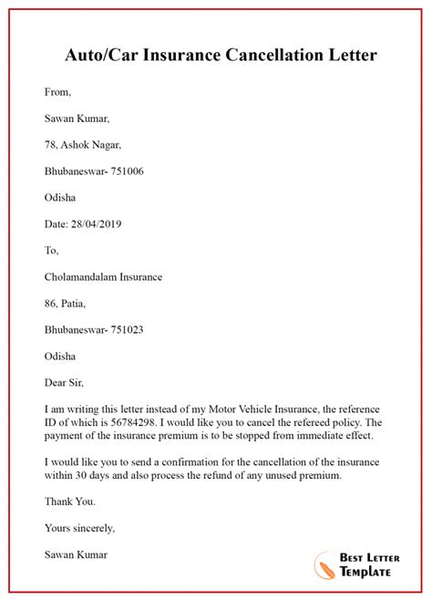 Auto Insurance Cancellation Letter Template