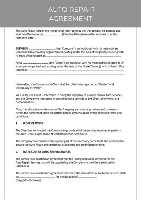 Auto Repair Agreement Template