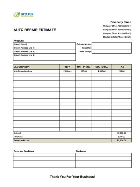 Auto Repair Estimate Template