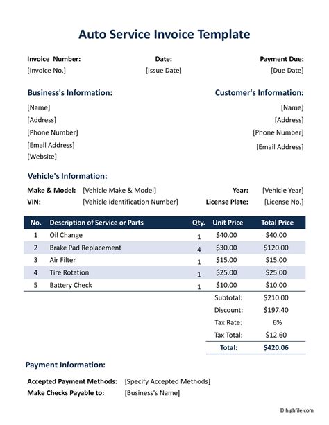 Auto Service Invoice Template