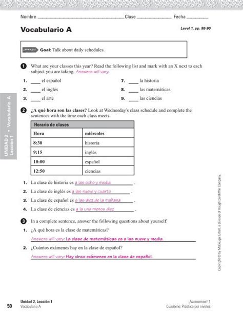 Avancemos 1a Workbook Answers PDF