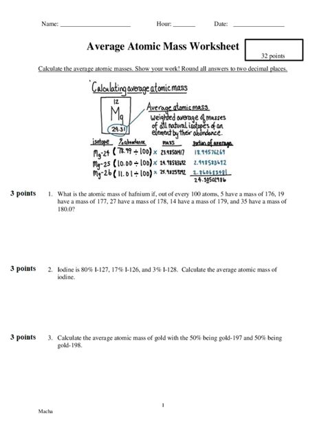 Average Atomic Mass Worksheet Show All Work Answers PDF