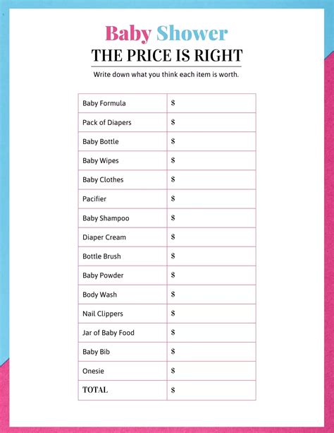 Baby Shower Price Is Right Printable With Answers