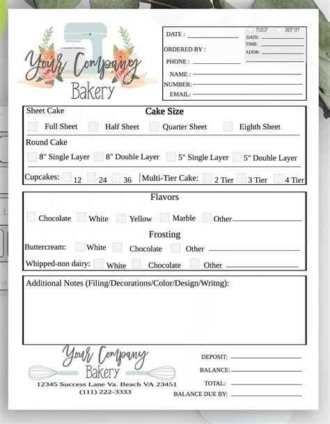 Bakery Order Form Template Free