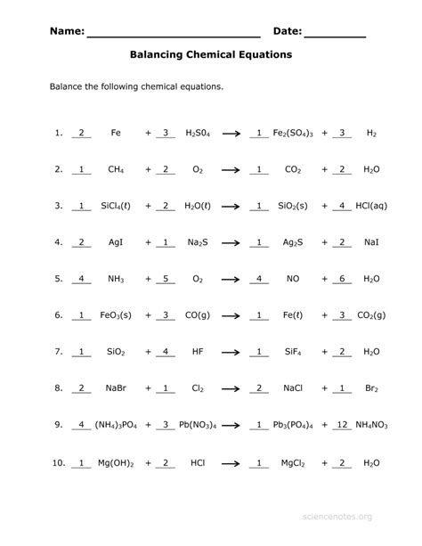 Balancing Chemical Equations Worksheet Answers Epub