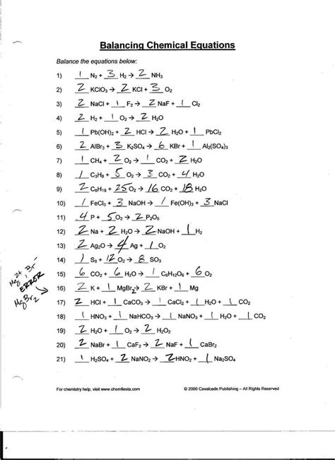 Balancing Chemical Equations Worksheet Answers Cavalcade Doc