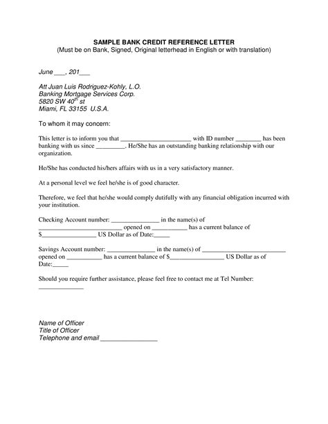 Bank Credit Reference Letter Template