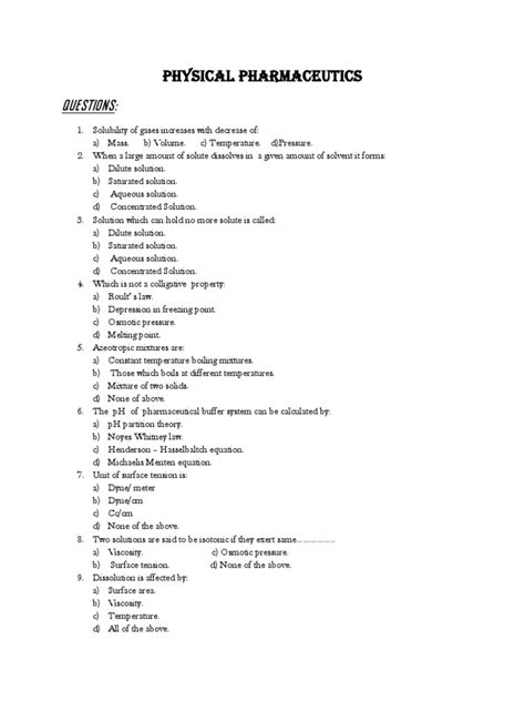 Basic Physical Pharmacy Questions With Answer Ebook Doc