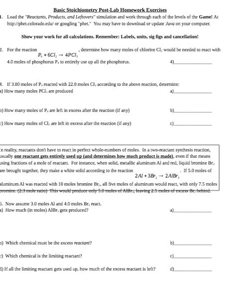 Basic Stoichiometry Post Lab Homework Exercises Answers PDF