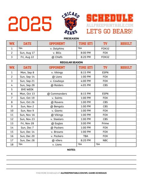 Bears Printable Schedule