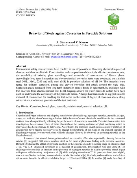 Behavior Of Steels Against Corrosion In Peroxide Solutions Doc