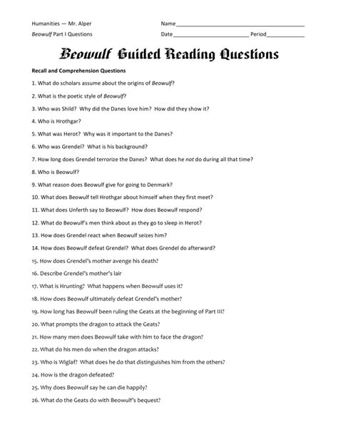 Beowulf Twenty Questions For Discussion Answers Doc