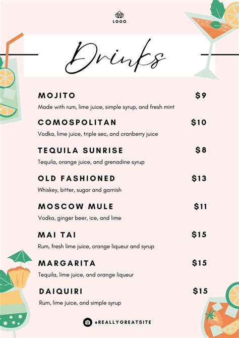 Beverage Menu Template Free