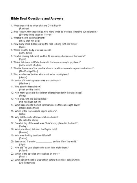 Bible Bowl Questions And Answers Printable PDF