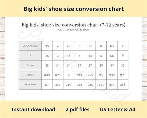 Big Kids Shoe Size Chart