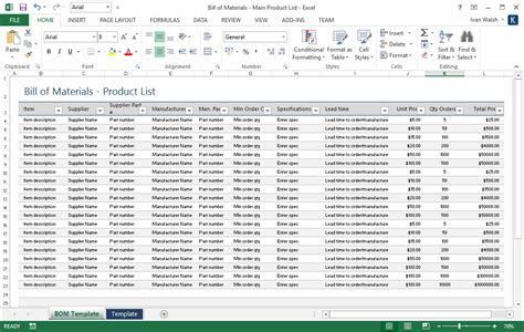 Bill Of Material Excel Template