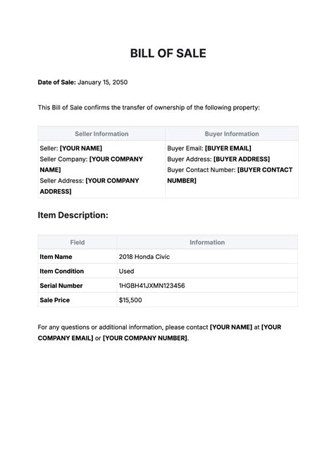 Bill Of Sale Template Free