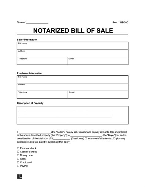 Bill Of Sale With Notary Template