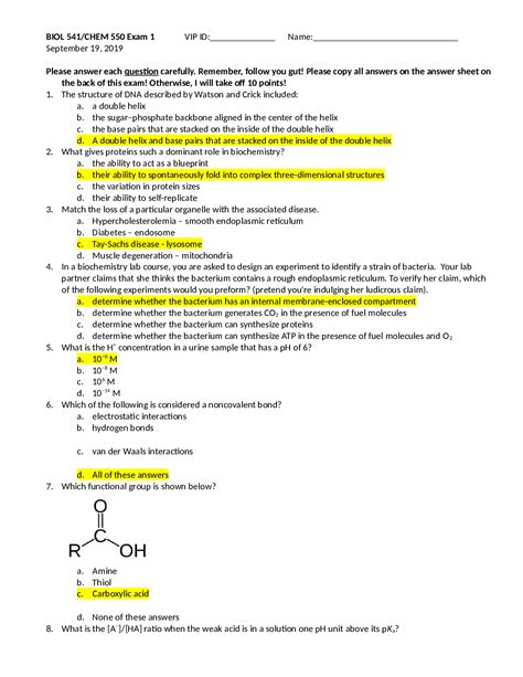 Biochemistry Exam Questions Answer Key PDF