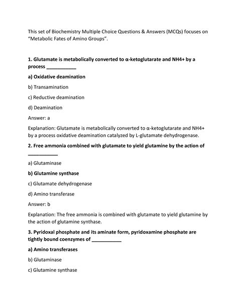 Biochemistry Multiple Choice Questions Answers Hemoglobin Doc