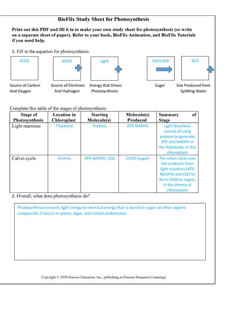 Bioflix study sheet for photosynthesis answer key Ebook PDF