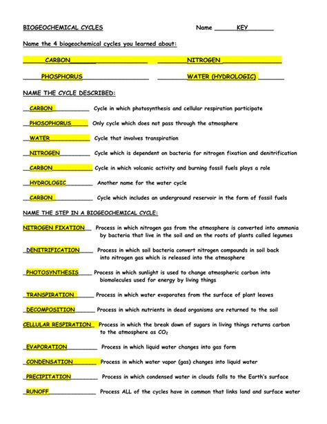 Biogeochemical Cycles Worksheet Answer Key PDF