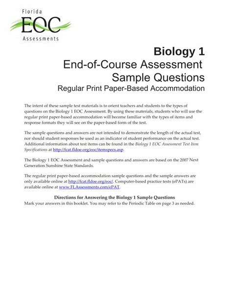 Biology 1 Eoc Assessment Sample Questions Answer Key PDF