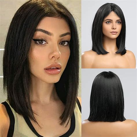 Black Medium Length Wig Lace Front 10" Synthetic Bobs Straight Wigs