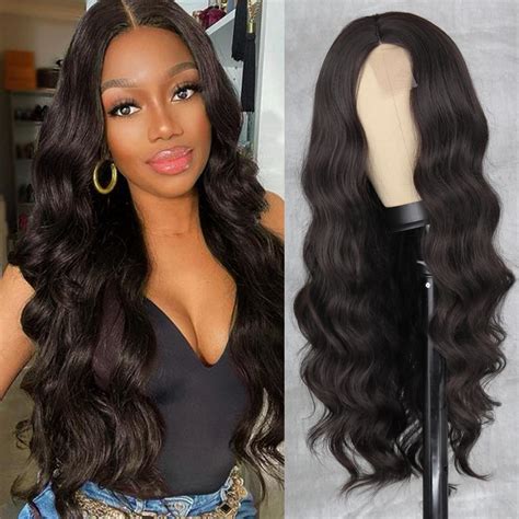 Black Wigs Without Bangs Affordable Wavy Wigs Synthetic Lace Front Wigs