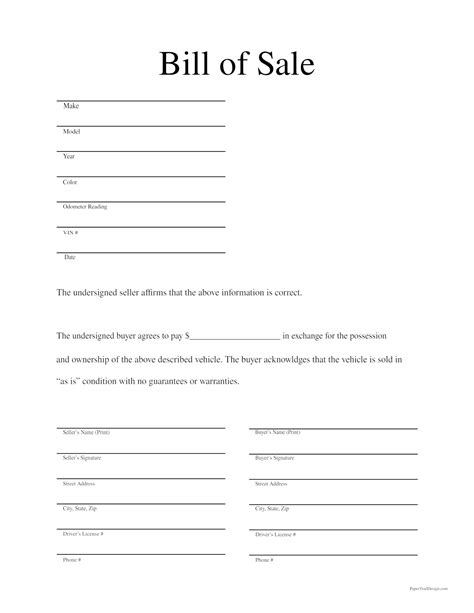Blank Bill Of Sale Printable