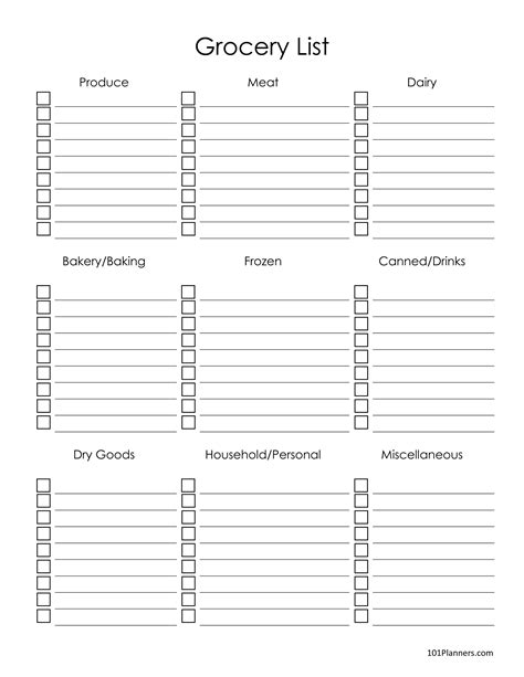 Blank Grocery List Template