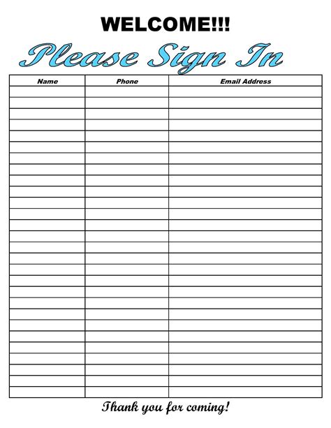 Blank Sign In Sheet Template