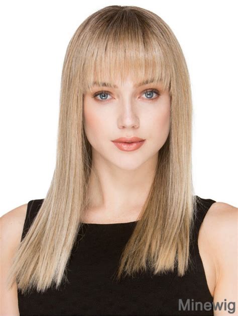 Blonde 18" Monofilament Long Human Hair Wigs With Bangs