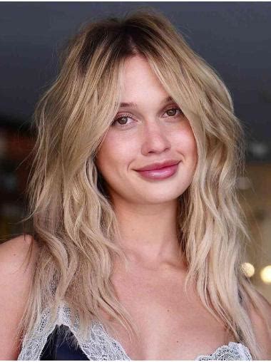 Blonde Synthetic Lace Front Ideal Without Bangs Shoulder Length Wavy Face-Framing Wigs