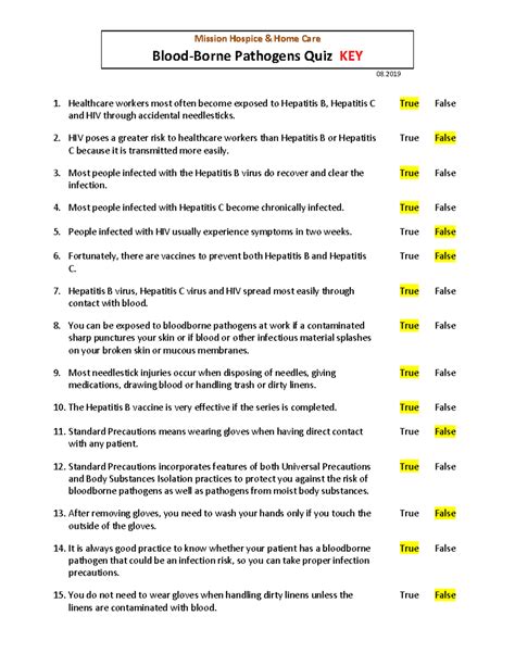 Bloodborne Pathogens Quiz Answer Key Epub