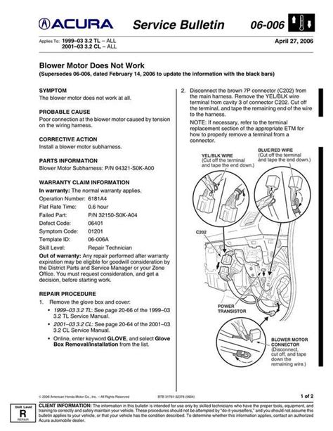 Blower Motor Does Not Work 1999 â€“ 2003 Acura 3.2 CL/TL Ebook Doc