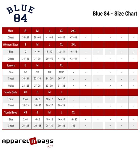 Blue 84 Size Chart