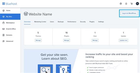 Bluehost dashboard for WordPress setup and management