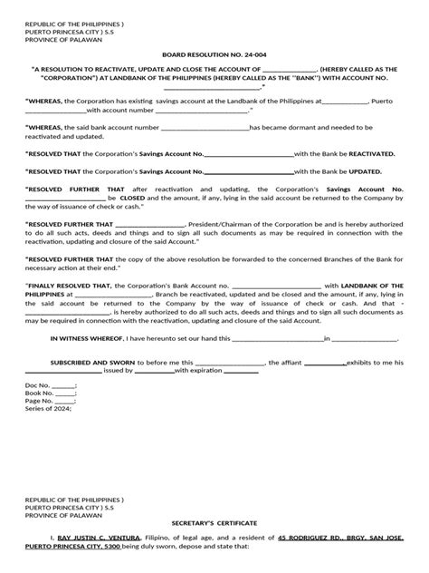 Board Resolution Dormant Bank Account PDF