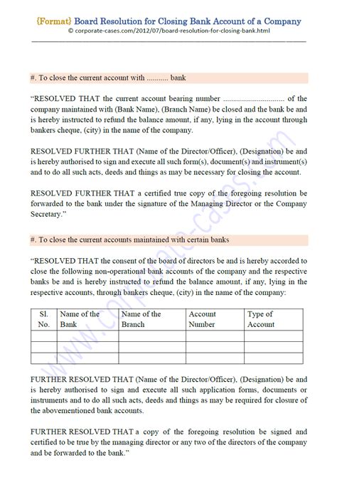 Board Resolution For Bank Account Closing Format Doc