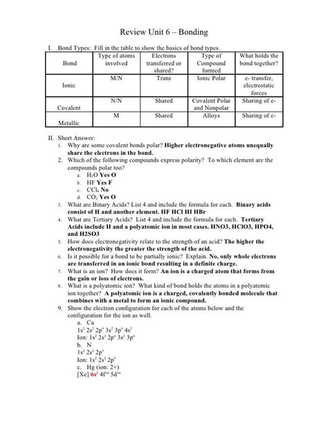 Bonding Review Answers PDF