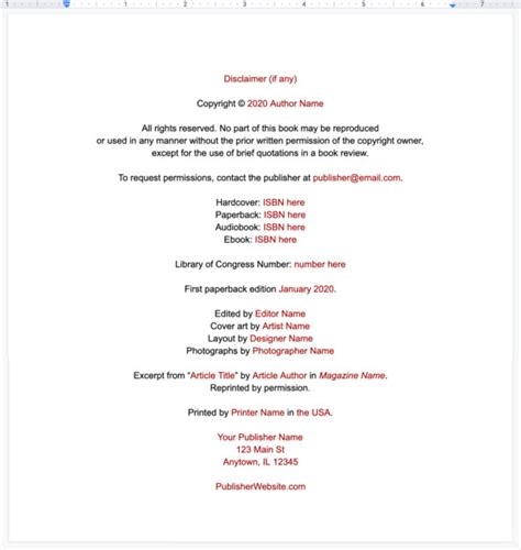 Book Copyright Page Template