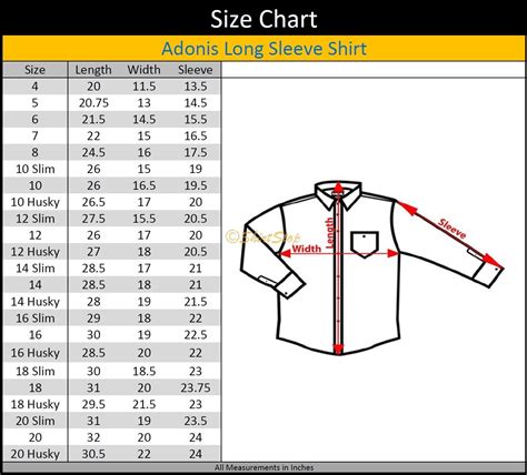 Boys Size Chart Shirts