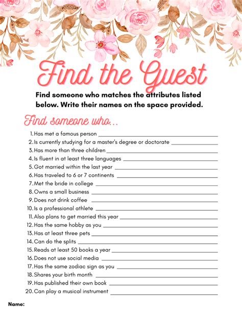 Bridal Shower Find The Guest Free Printable